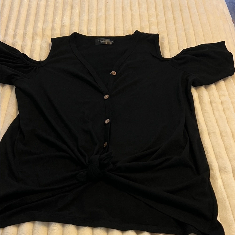 Elegant Black Cold Shoulder Button Down Top